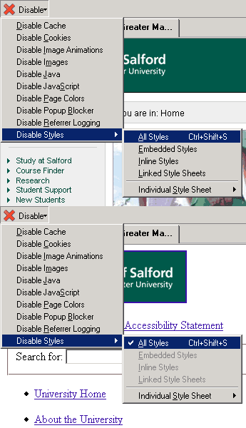 screenshot (16KB) : Figure 5: Disable menu with Disable Styles > All Styles highlighted, and an example before/after shot of the effect