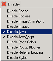 screenshot (3KB) : Figure 10: Disable menu with Disable Java and Disable Javascript selected