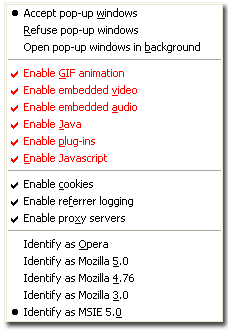 Opera's quick preferences tab - showing option to enable JavaScript