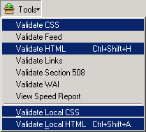 screenshot (3KB) : Figure 4: Tools menu with the most relevant CSS and HTML validation commands highlighted